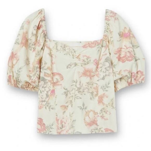 H&M Linen Blend Blouse Womans Size XS Natural White Floral Romantic Puff Sleeve - Picture 1 of 6